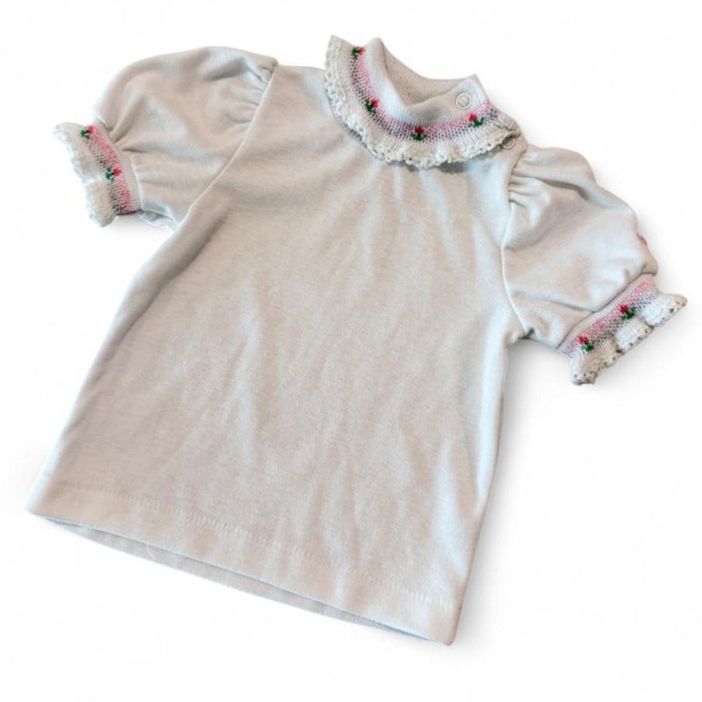 Vintage OshKosh Bgosh Baby Girl White Floral Embroidered Top Puff Sleeve 3-6M